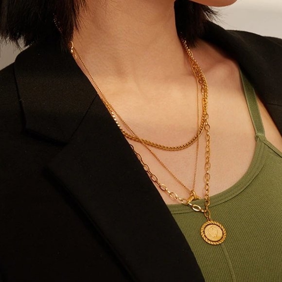 NEW 18K Gold Plated Lion Coin Horn Moon Triple Layer Link Chain Necklace - Picture 3 of 8